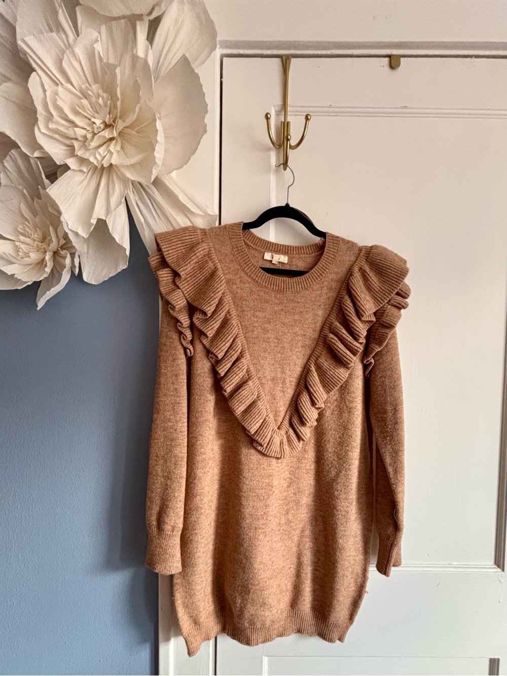 entro Ruffle-Trim Crewneck Sweater in Tan